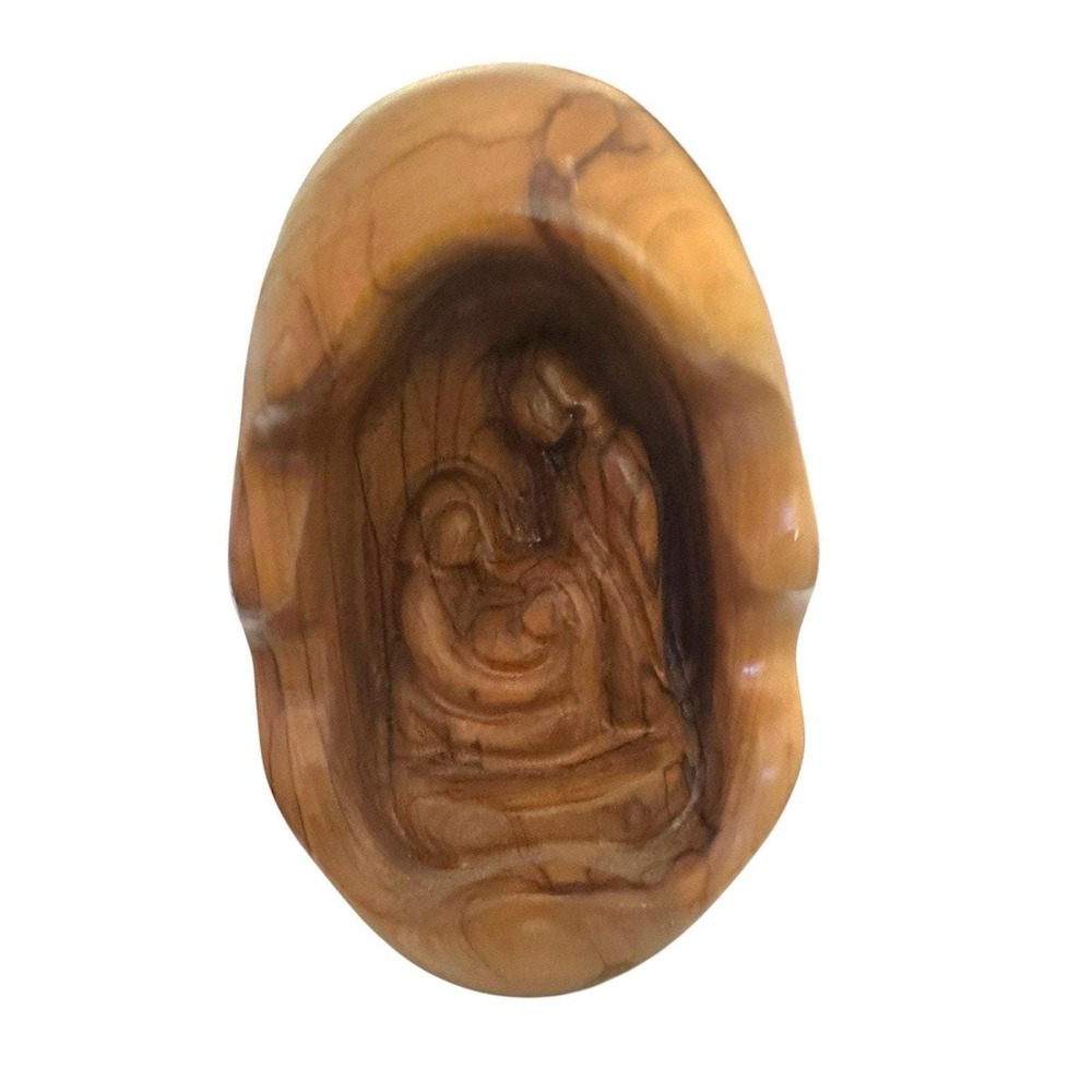 Hand Carved Olive Wood Holy Family Nativity Statue 4.5" Egg Shape